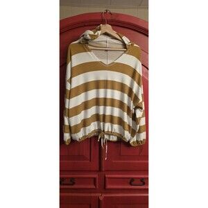 Aerie Striped Lounge Hoodie Small Marigold Yellow White Cinch Tie Pullover EUC
